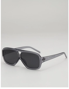 Detail view of double-bridge retro sunglasses with translucent grey frame and dark lenses