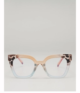 Detailed close-up of square leopard print glasses frame with tricolor gradient design