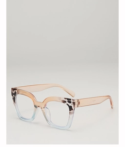 Detail of square gradient frame glasses with leopard print corners and metal hinges