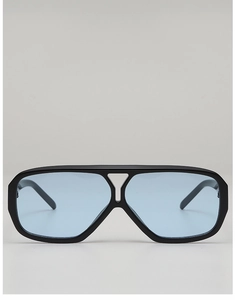 Front view of retro pilot sunglasses with matte black frames and light blue lenses