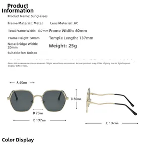Detailed size chart of unisex square metal sunglasses with dimensions for fit