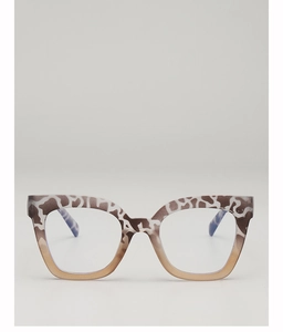 Detailed front view of square leopard print eyeglass frames with gradient champagne finish