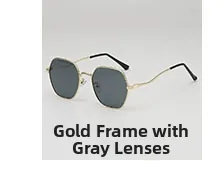 Detail of square gold metal sunglasses with dark grey UV protective lenses for men and women