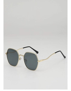 Detailed view of the gold hexagonal metal frame and dark gray lenses of the sunglasses