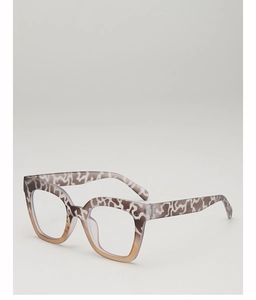 Close-up of leopard print oversized square glasses frame with amber gradient finish