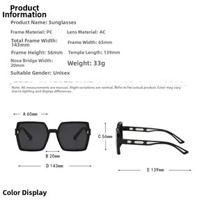 Tableau des tailles pour lunettes de soleil carrées avec monture PC et détails des verres AC