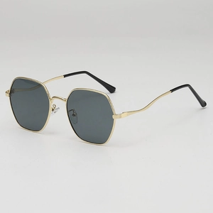 Classic metal geometric hexagonal sunglasses with slim gold frames and dark lenses