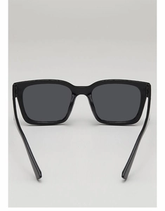 Vue arrière de lunettes de soleil carrées noires montrant la monture et les verres gris