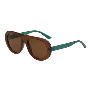 Modern oversized pilot sunglasses with translucent brown frame and contrast green temples