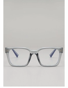 Détail de la monture carrée gris transparent avec verres anti-lumière bleue