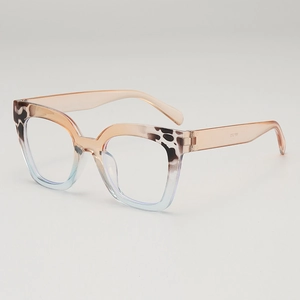 Retro square leopard print glasses frames with blue gradient transparent lower rim