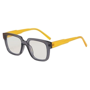 Classic square transparent gray frame glasses with vibrant orange-yellow temples on white background