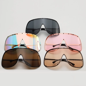 Detail of oversized shield sunglasses showing five color lenses and rivet accents