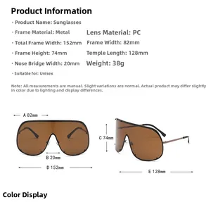 Detailed size chart for oversized one-piece brown sunglasses with frame dimensions in mm