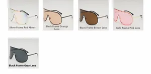 Detailed grid view of oversized visor sunglasses in five trendy color combinations