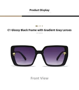 Front view of C1 square black sunglasses with gradient grey lenses and palm tree logo