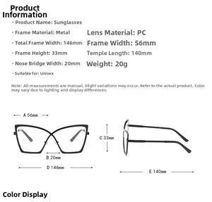 Detailed size chart for black cat-eye metal frame glasses with 146mm total width