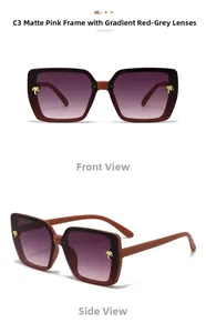 Detail of square sunglasses with pink matte frame and golden coconut tree metal ornaments