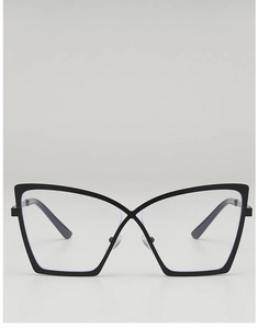 Detailed front view of black cat-eye glasses frame with unique X-shaped bridge design