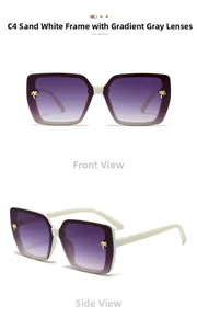 Detail of square matte sand white sunglasses with gradient lenses and gold coconut tree decor