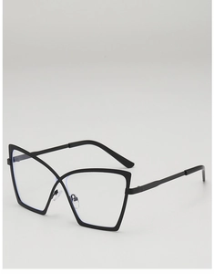 Detail view of large cat-eye glasses with black metal frame and blue light blocking lenses