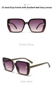 Detail view of square sunglasses in matte sand grey with gold palm tree logo accents