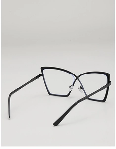 Detail view of cat eye metal frames with blue light blocking lenses and X-cross hinges
