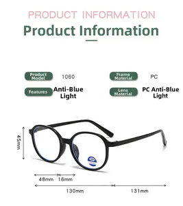 Detail view of 1060 round frame glasses with PC material and size specifications