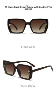 Close-up of matte dark brown square sunglasses with golden palm tree decor and gradient lenses