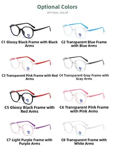 Detailed display of round jelly-colored kids' glasses frames in eight different color options