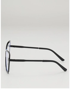 Detailed side view of black cat-eye glasses frame with sleek metallic temples