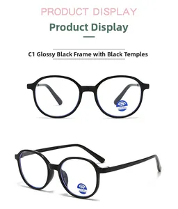 Detail view of round black frame glasses C1 showing anti-blue light lenses and side arms