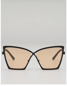 Detailed front view of oversized cat-eye sunglasses featuring a unique X-cross bridge design