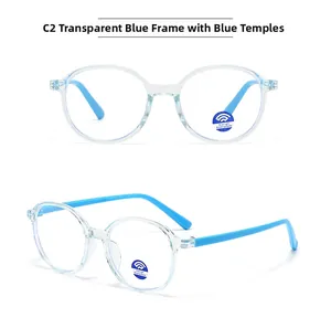 Detail of kids blue light blocking glasses with transparent blue frames and temples
