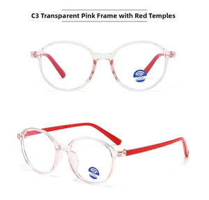 Front and side view of transparent pink and red children's anti-blue light glasses