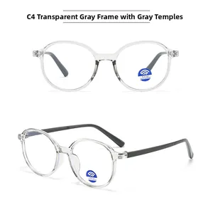 Front and side view of transparent gray round frame blue light blocking glasses for kids