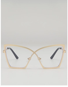 Detail of golden butterfly frame eyeglasses with blue light blocking lenses