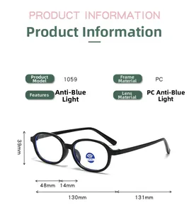 Detailed size chart for kids retro oval blue light glasses model 1059 in black PC frame