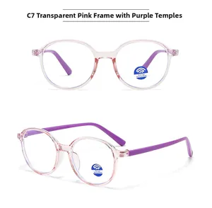 Detail view of pink transparent frame with purple temples and blue light blocking lenses