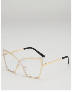 Detail of golden metal butterfly frame with cat-eye shape and black temple tips