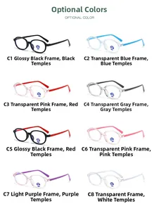 Detail view of oval kids anti-blue light glasses frames in eight different candy colors