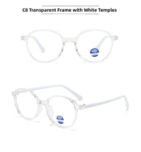 Front and side view of round transparent glasses frames with blue light blocking lenses