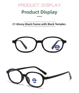 Detail view of oval kids blue light blocking glasses in glossy black frames