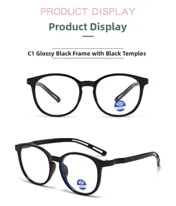 Détail de lunettes rondes rétro noires avec verres anti-lumière bleue haute qualité
