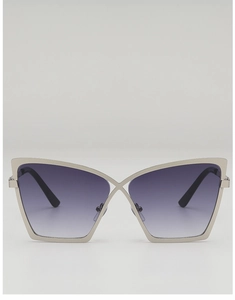 Detail of silver cat-eye metal frame glasses with gradient lenses and modern X-cross hinge