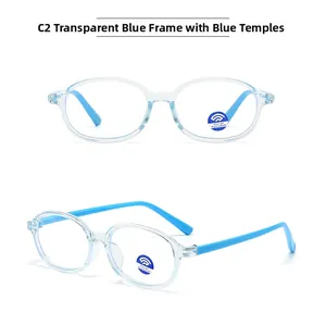 Detail view of transparent blue kids oval frame glasses with blue light blocking lenses