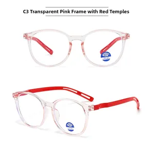 Détails des lunettes rondes anti-lumière bleue à monture rose transparent et branches rouges