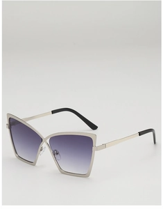 Detail of light gold metal cat-eye frames with gradient purple lenses and X-cross bridge