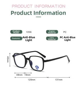 Detailed dimensions of kids square blue light blocking glasses with black PC frame