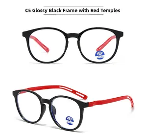 Vue détaillée des lunettes enfant rondes C5 noir et rouge avec verres anti-lumière bleue